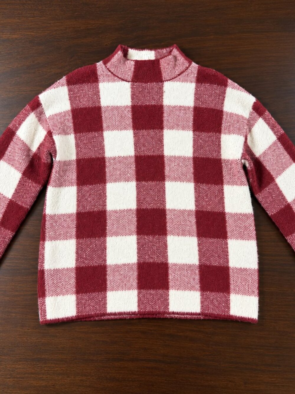 Zara Girls’ Burgundy & Cream Checkered Mock Neck Sweater – Size 13-14